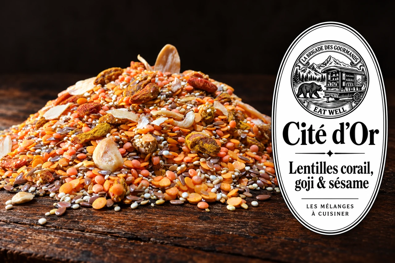 Cité d’Or : lentilles corail, goji & sésame, mélange sec, vue 1 avec étiquette noire et blanche