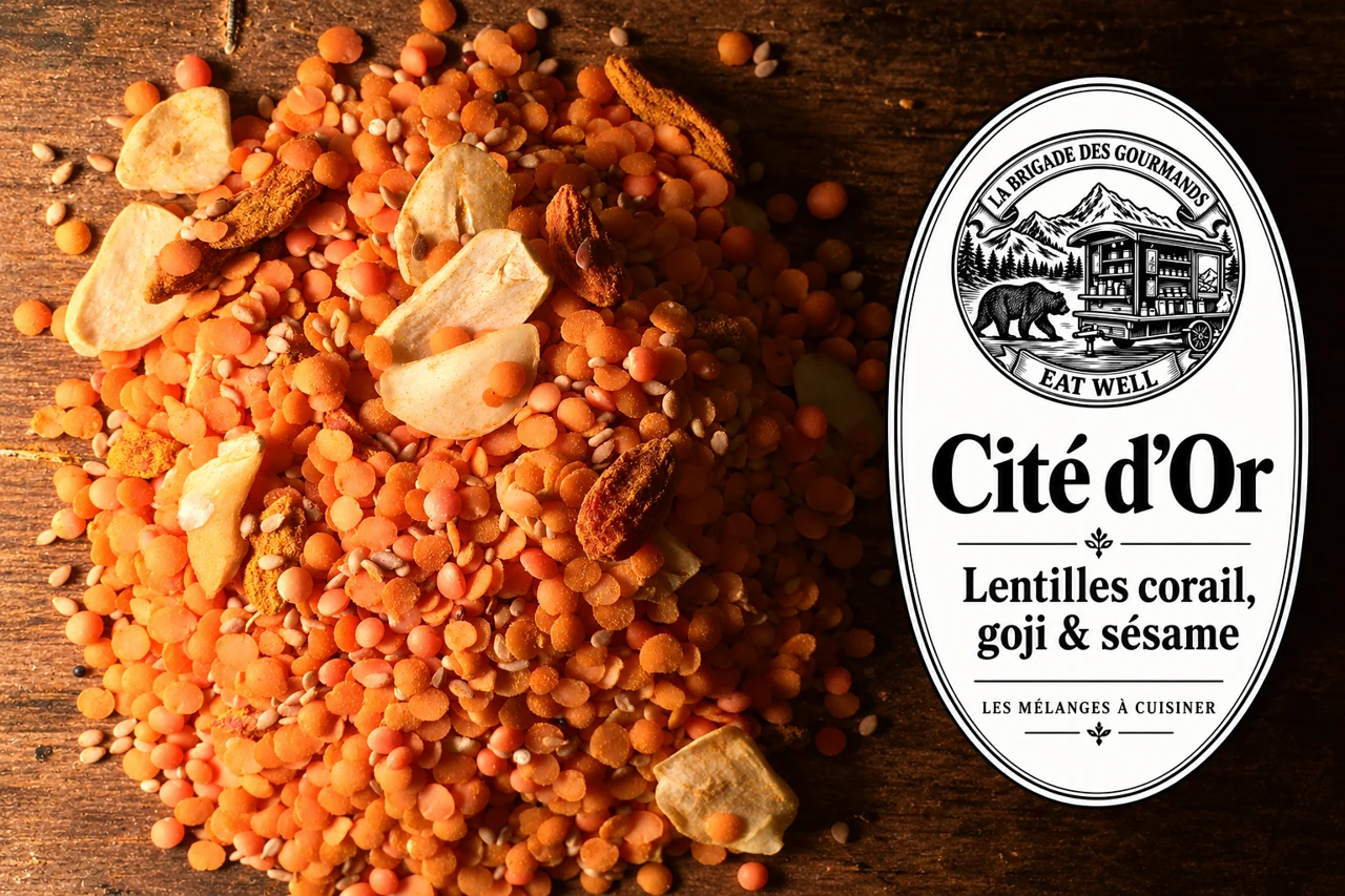 Cité d’Or : lentilles corail, goji & sésame, mélange sec, vue 2 avec étiquette noire et blanche