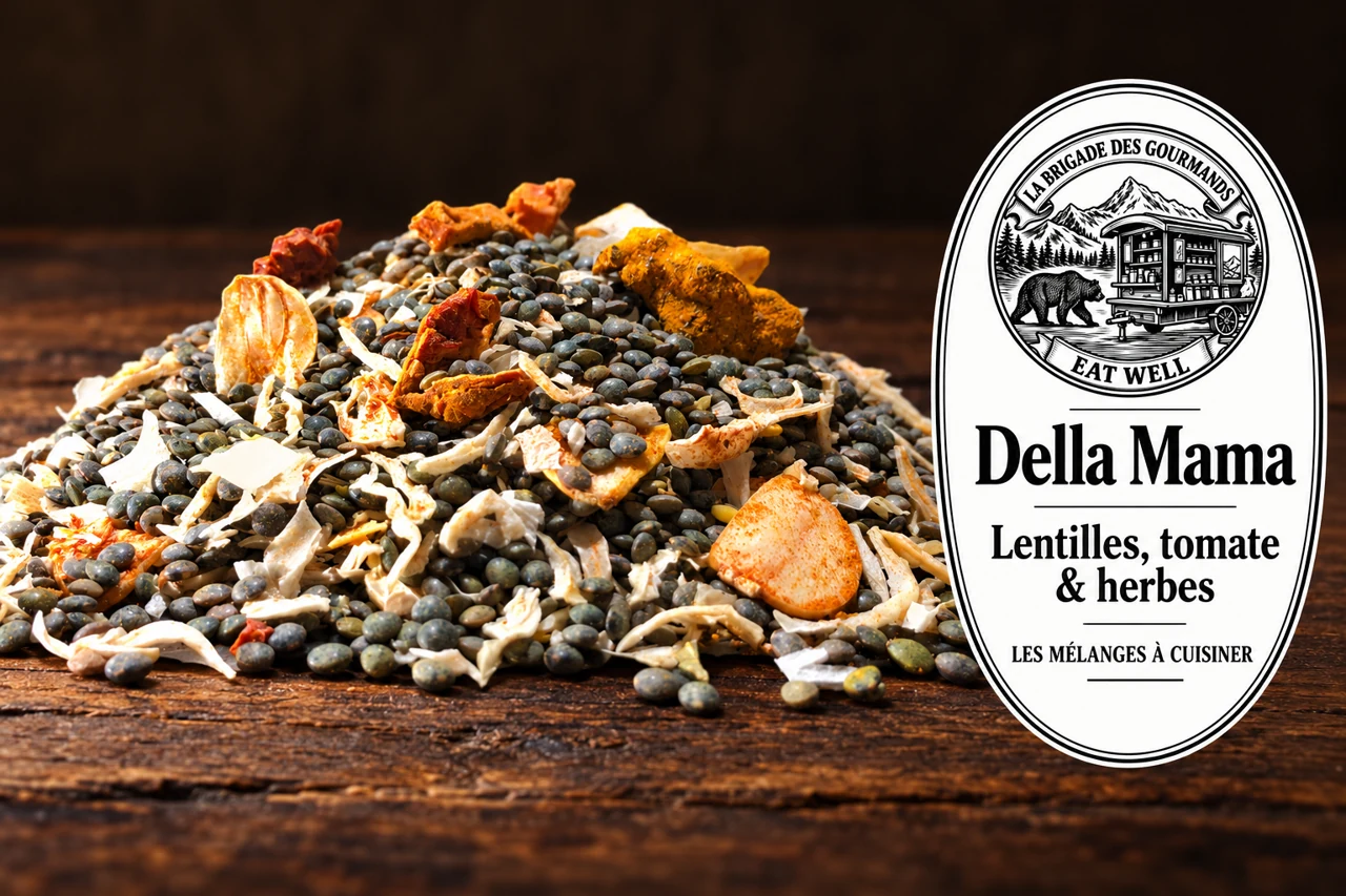 Della Mama : lentilles, tomate & herbes, mélange sec, vue 1 avec étiquette noire et blanche