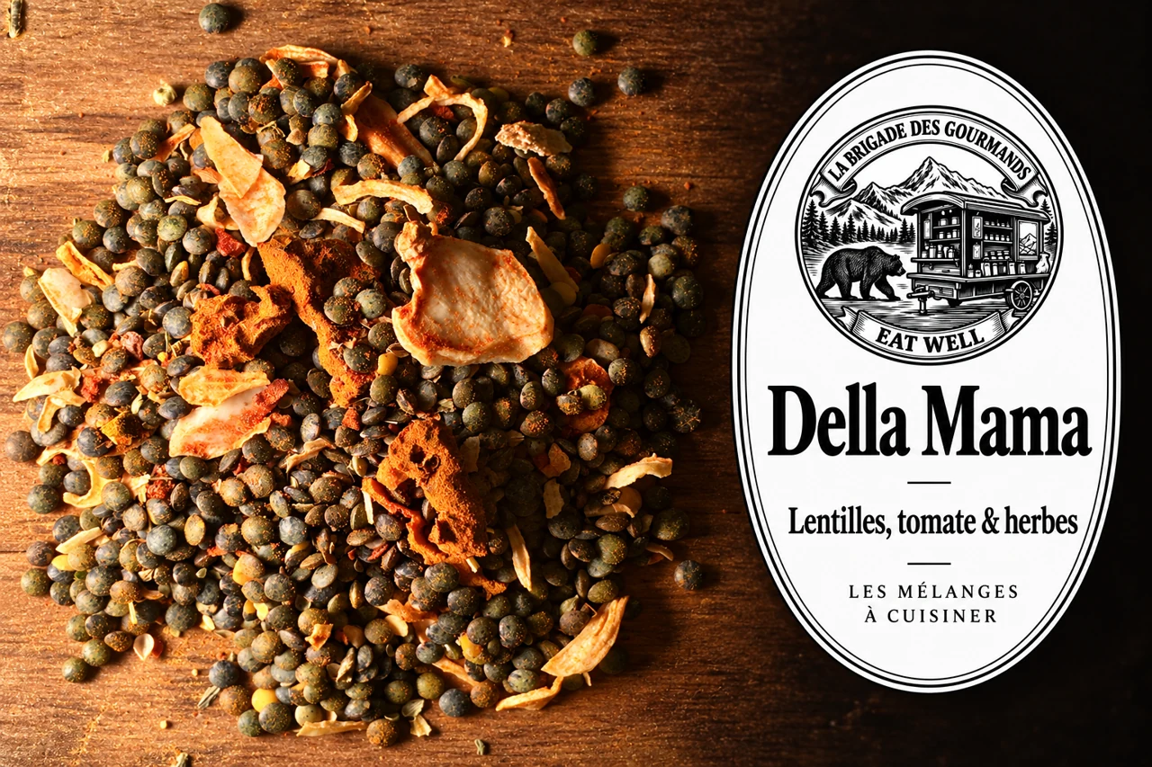 Della Mama : lentilles, tomate & herbes, mélange sec, vue 2 avec étiquette noire et blanche