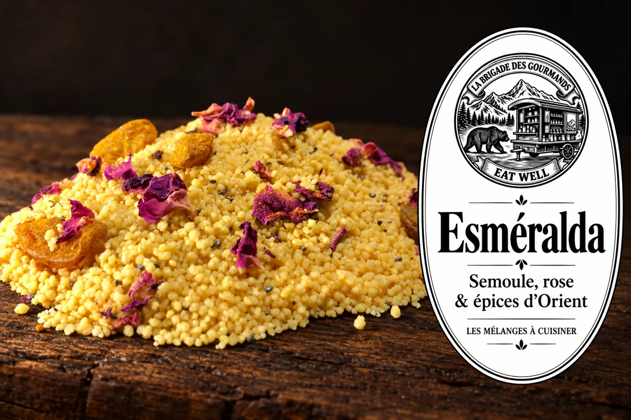 Esméralda : semoule, rose & épices d’orient, mélange sec, vue 1 avec étiquette noire et blanche