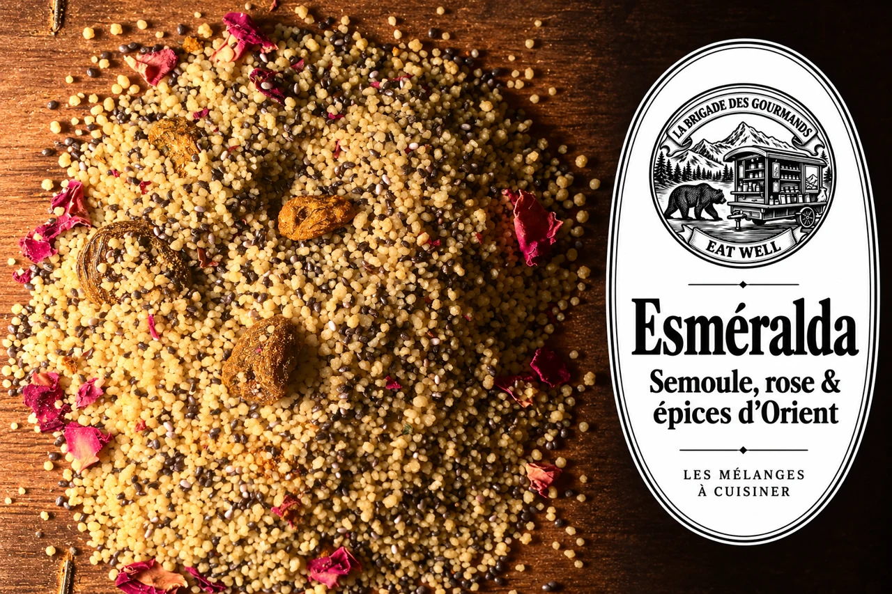 Esméralda : semoule, rose & épices d’orient, mélange sec, vue 2 avec étiquette noire et blanche