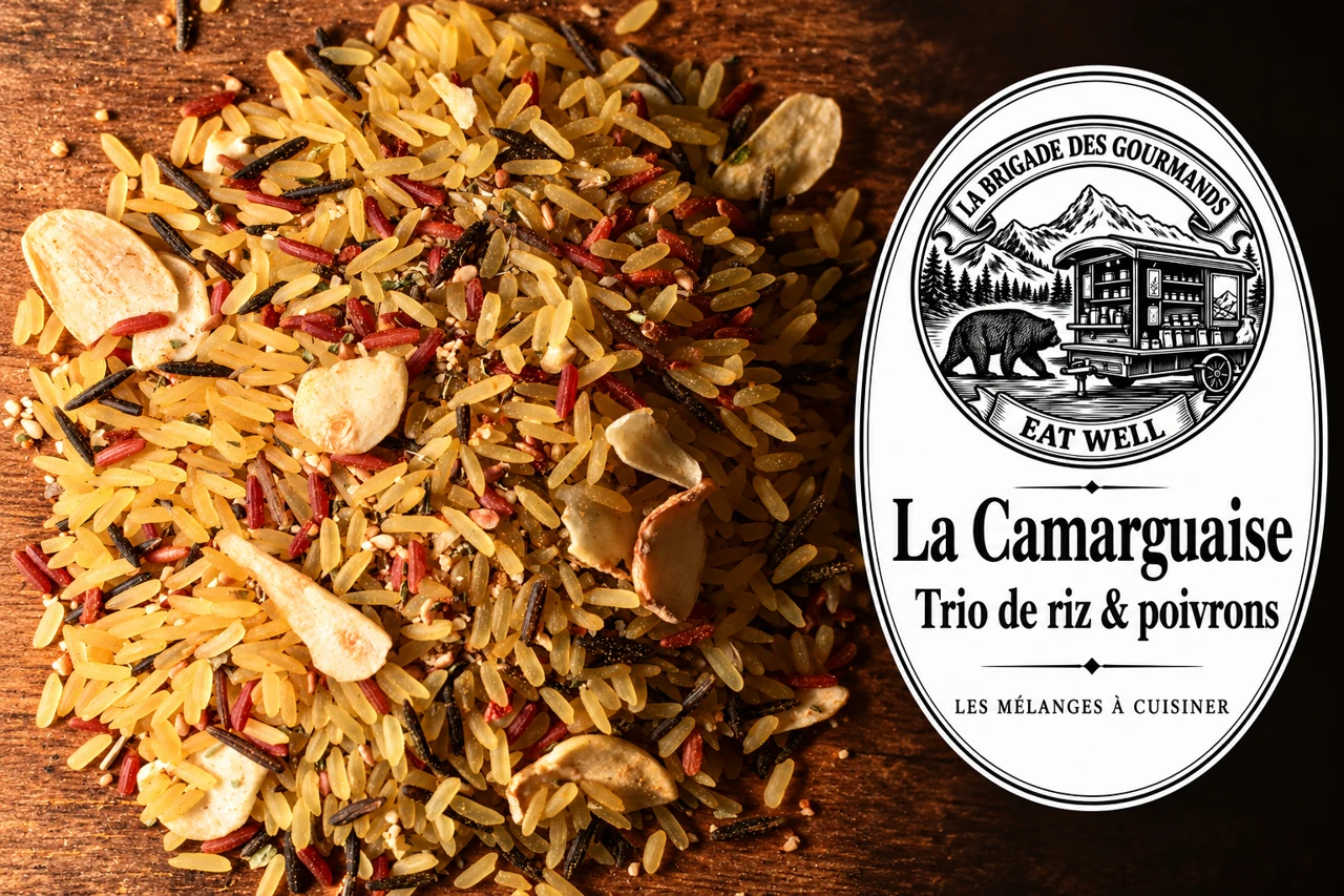 La Camarguaise : trio de riz & poivrons, mélange sec, vue 2 avec étiquette noire et blanche