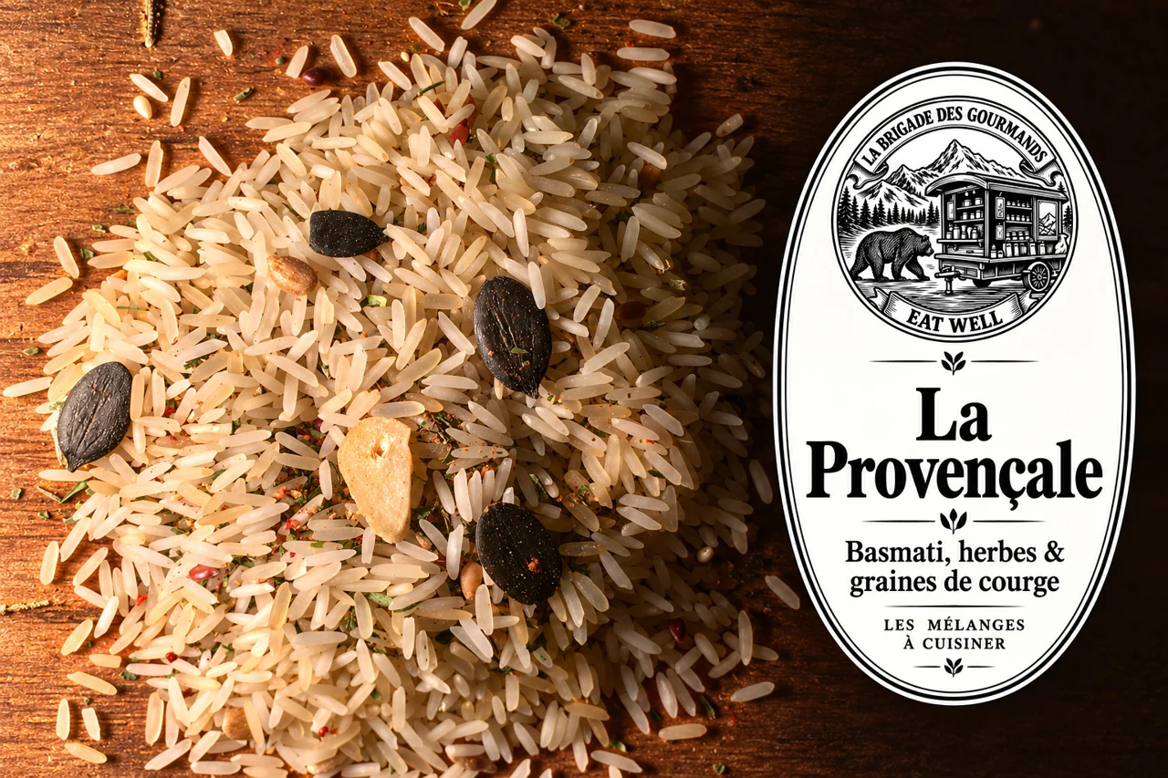 La Provençale : basmati, herbes & graines de courge, mélange sec, vue 2 avec étiquette noire et blanche