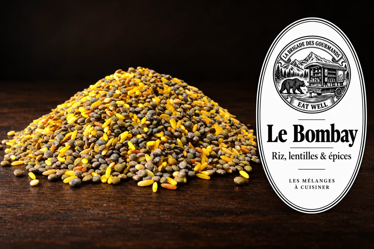 Le Bombay : riz, lentilles & épices, mélange sec, vue 1 avec étiquette noire et blanche