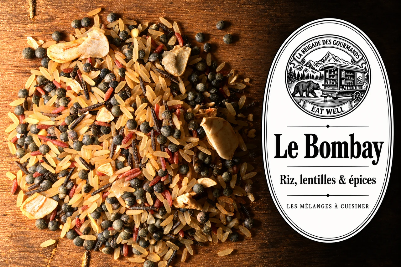 Le Bombay : riz, lentilles & épices, mélange sec, vue 2 avec étiquette noire et blanche