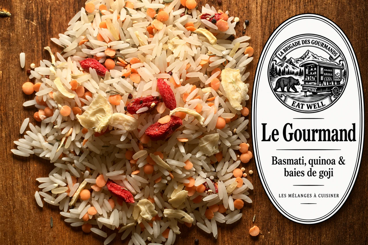 Le Gourmand : basmati, quinoa & baies de goji, mélange sec, vue 2 avec étiquette noire et blanche