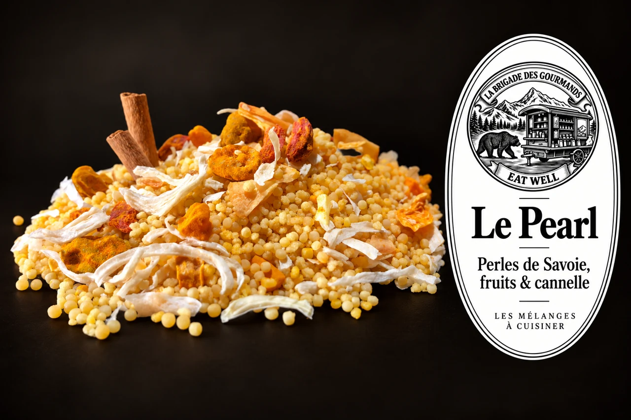 Le Pearl : perles de savoie, fruits & cannelle, mélange sec, vue 1 avec étiquette noire et blanche