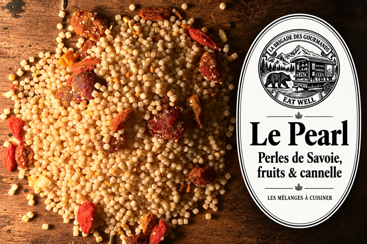 Le Pearl : perles de savoie, fruits & cannelle, mélange sec, vue 2 avec étiquette noire et blanche