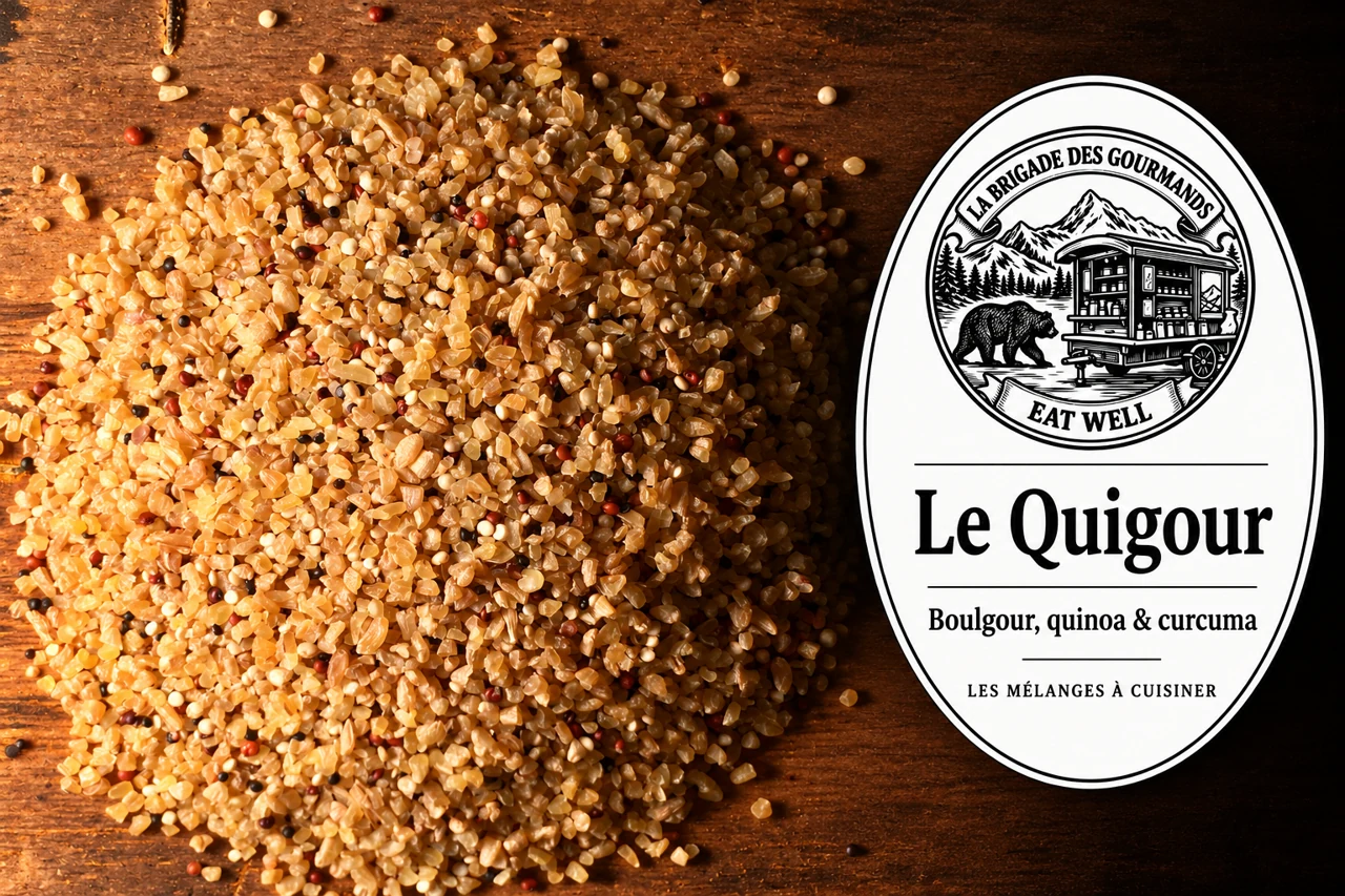 Le Quigour : boulgour, quinoa & curcuma, mélange sec, vue 2 avec étiquette noire et blanche
