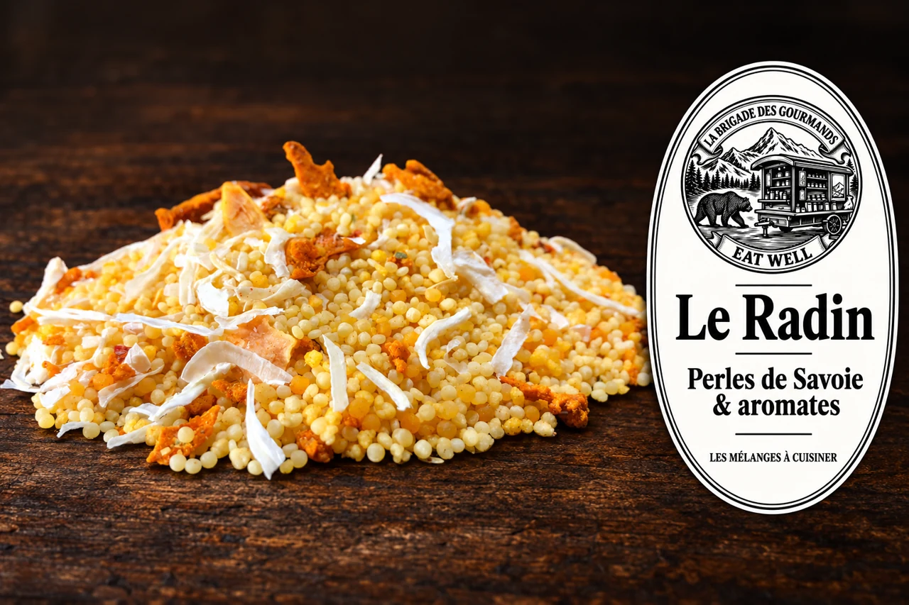 Le Radin : perles de savoie & aromates, mélange sec, vue 1 avec étiquette noire et blanche