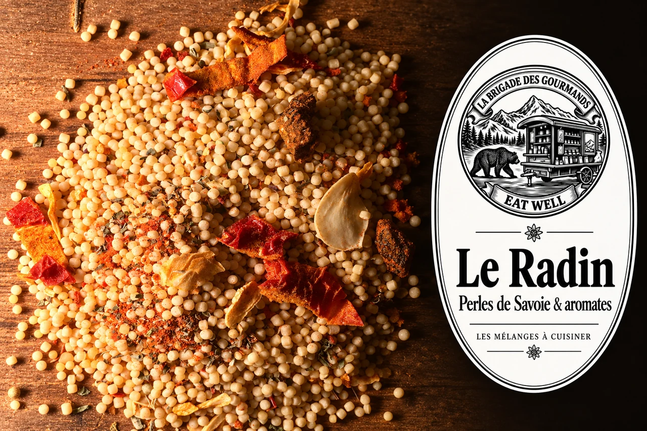 Le Radin : perles de savoie & aromates, mélange sec, vue 2 avec étiquette noire et blanche