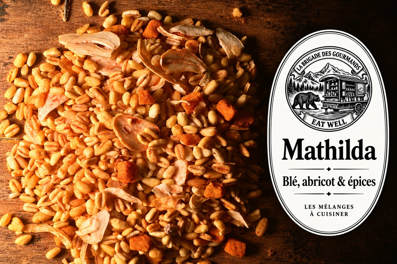Mathilda : blé, abricot & épices, mélange sec, vue 2 avec étiquette noire et blanche