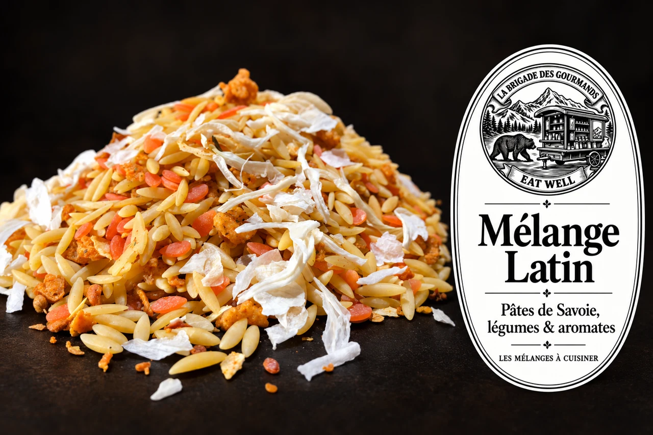 Mélange Latin : pâtes de savoie, légumes & aromates, mélange sec, vue 1 avec étiquette noire et blanche