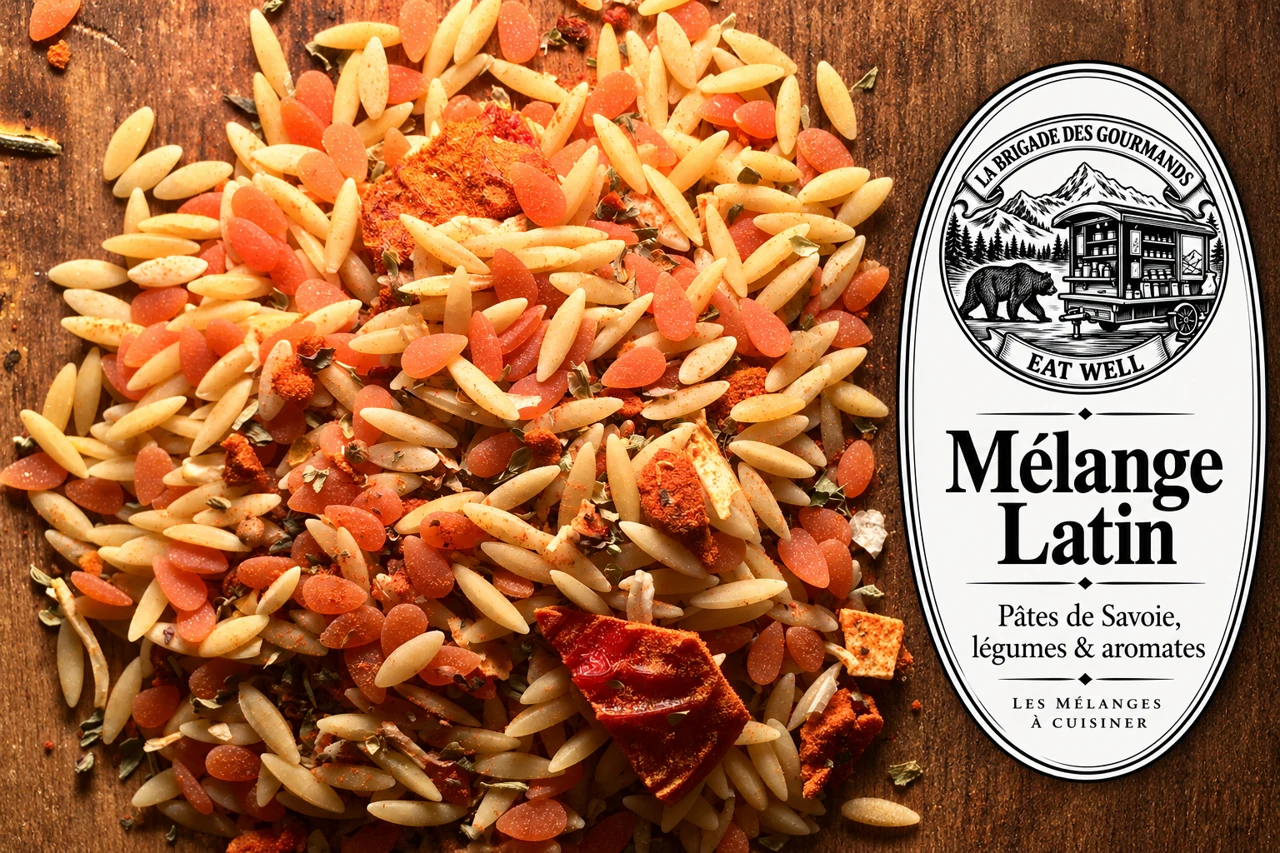 Mélange Latin : pâtes de savoie, légumes & aromates, mélange sec, vue 2 avec étiquette noire et blanche