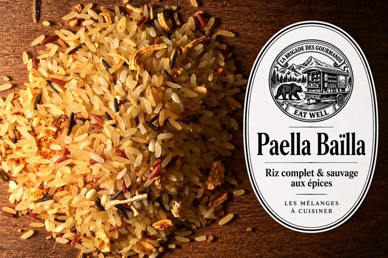 Paella Baïlla : riz complet & sauvage aux épices, mélange sec, vue 2 avec étiquette noire et blanche