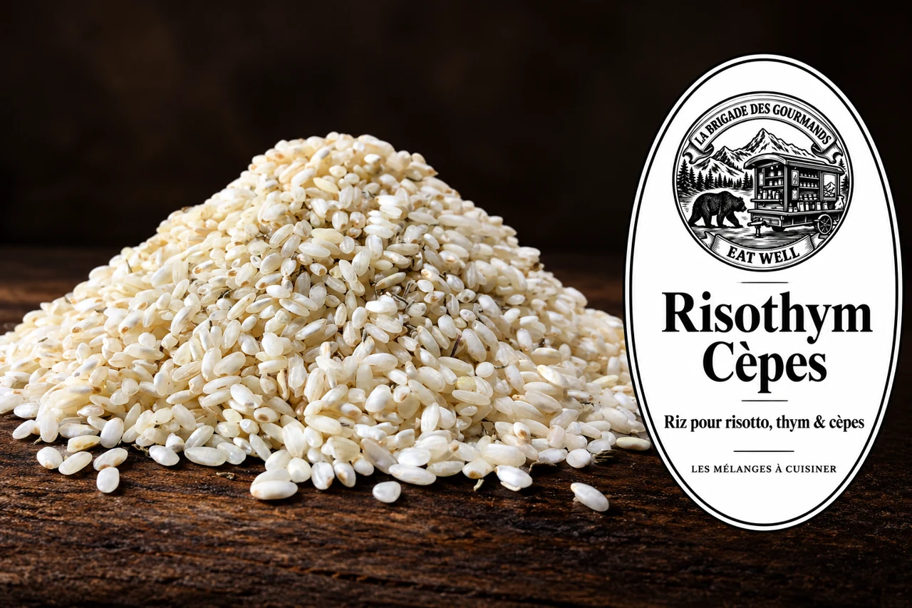 Risothym Cèpes : riz pour risotto, thym & cèpes, mélange sec, vue 1 avec étiquette noire et blanche
