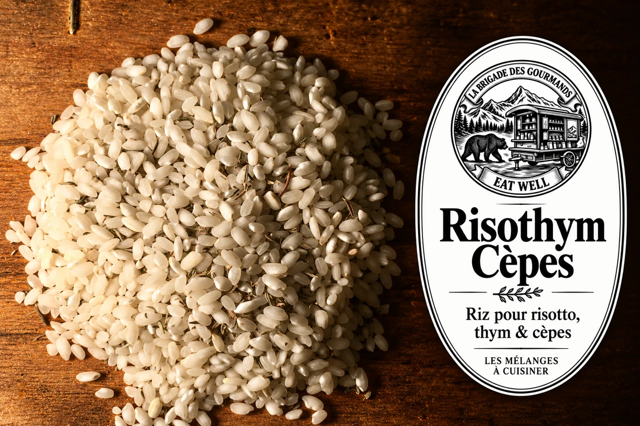 Risothym Cèpes : riz pour risotto, thym & cèpes, mélange sec, vue 2 avec étiquette noire et blanche