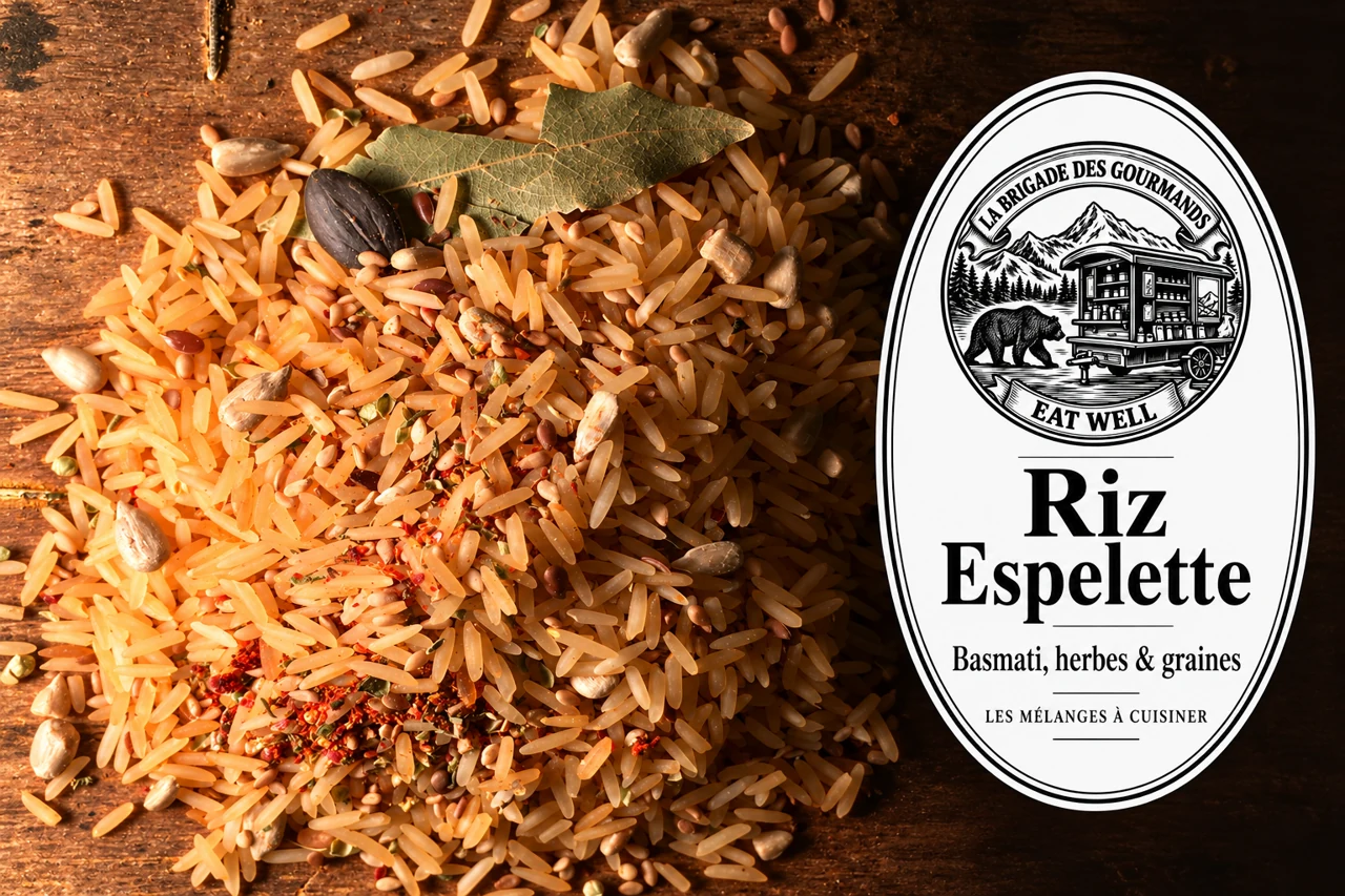 Riz Espelette : basmati, herbes & graines, mélange sec, vue 2 avec étiquette noire et blanche
