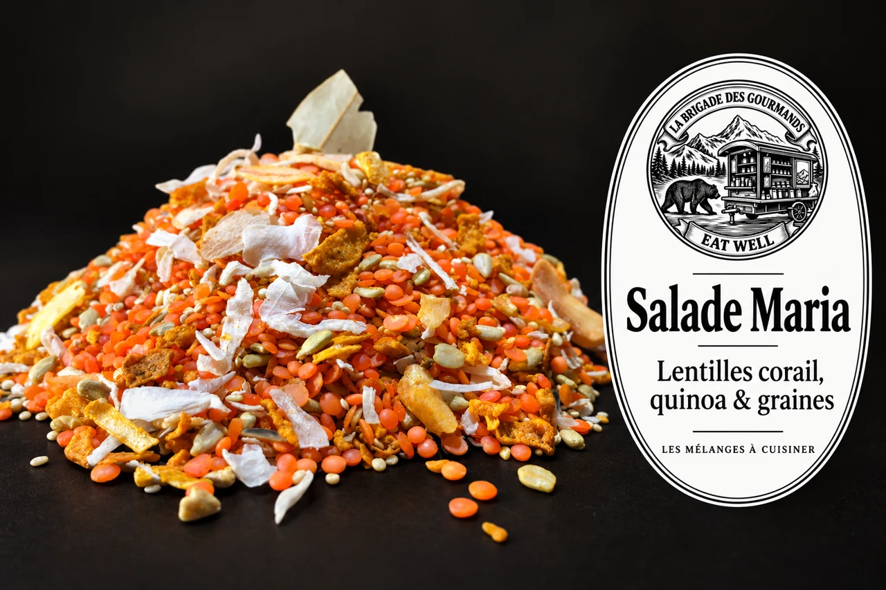 Salade Maria : lentilles corail, quinoa & graines, mélange sec, vue 1 avec étiquette noire et blanche