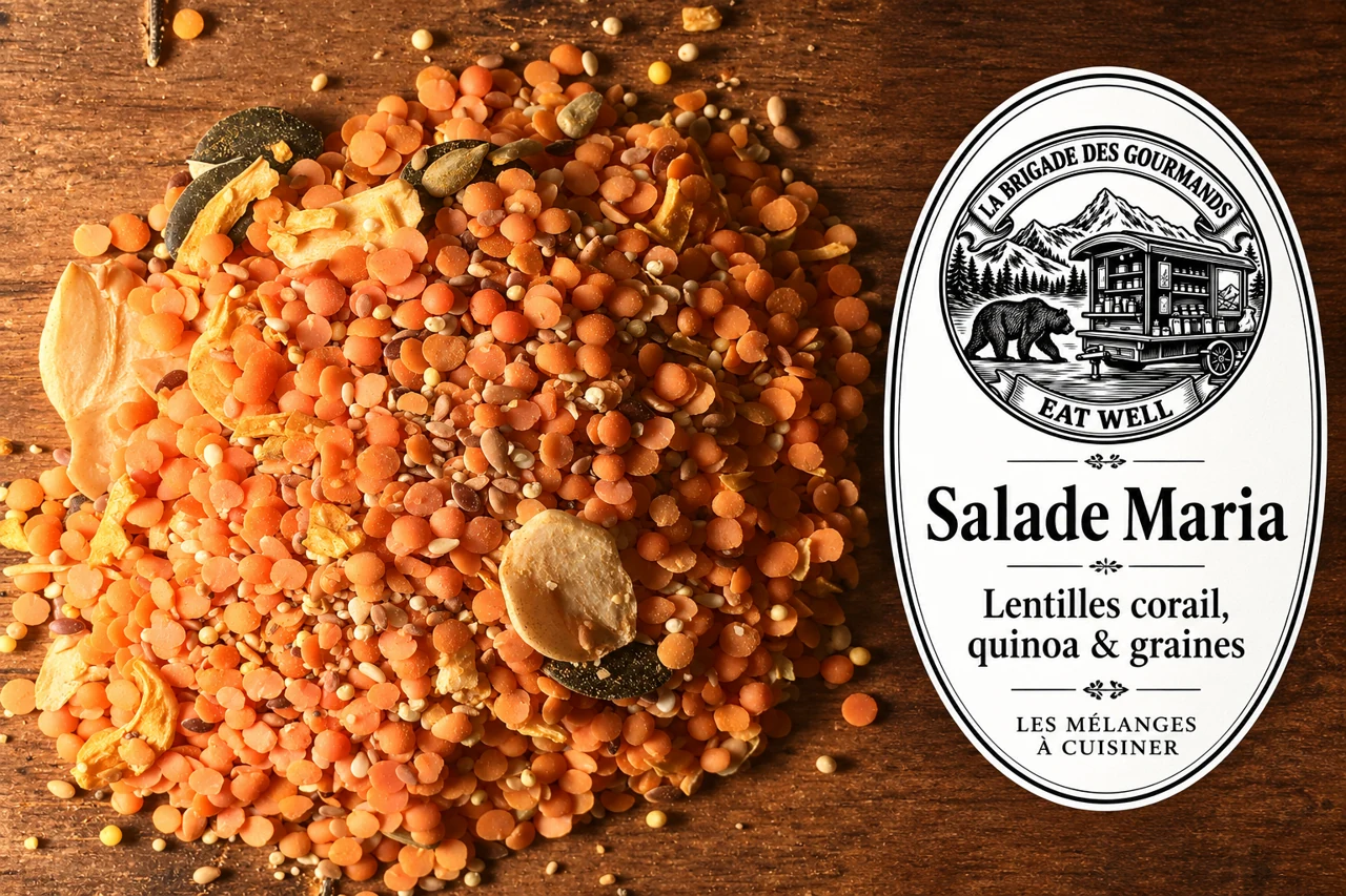 Salade Maria : lentilles corail, quinoa & graines, mélange sec, vue 2 avec étiquette noire et blanche