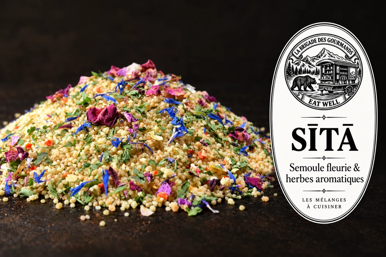 SĪTĀ : semoule fleurie & herbes aromatiques, mélange sec, vue 2 avec étiquette noire et blanche