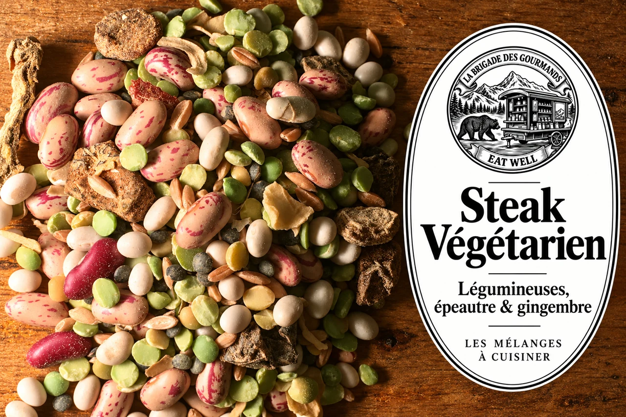 Steak Végétarien : légumineuses, épeautre & gingembre, mélange sec, vue 2 avec étiquette noire et blanche