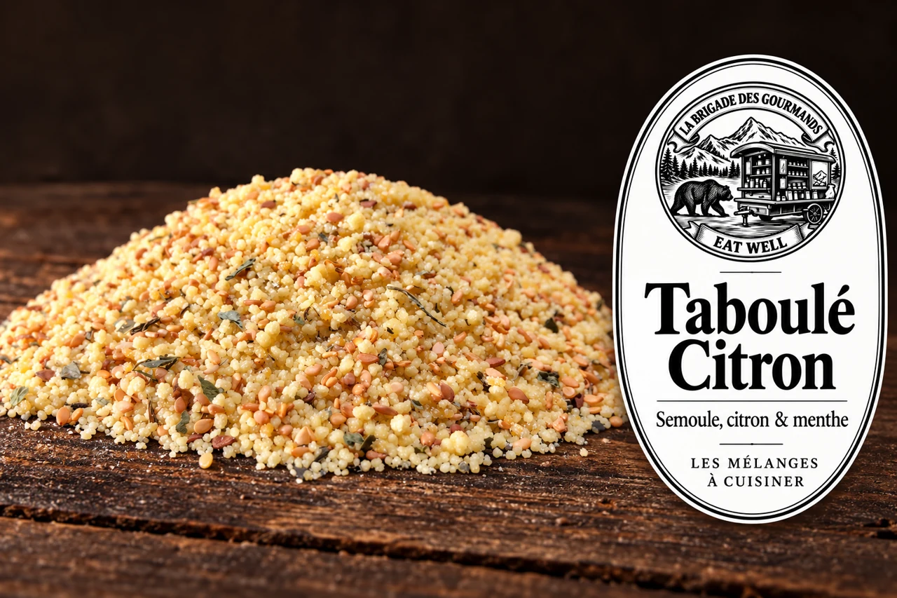 Taboulé Citron : semoule, citron & menthe, mélange sec, vue 1 avec étiquette noire et blanche