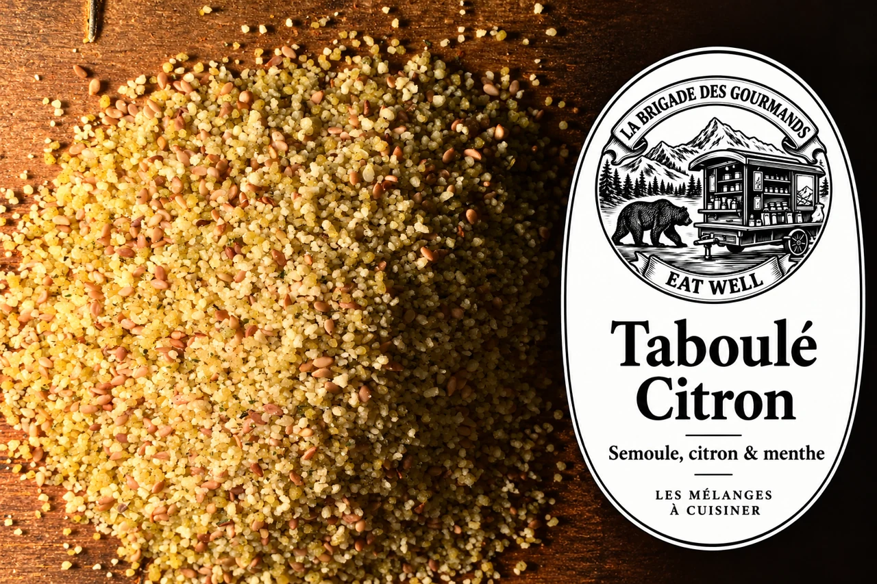 Taboulé Citron : semoule, citron & menthe, mélange sec, vue 2 avec étiquette noire et blanche