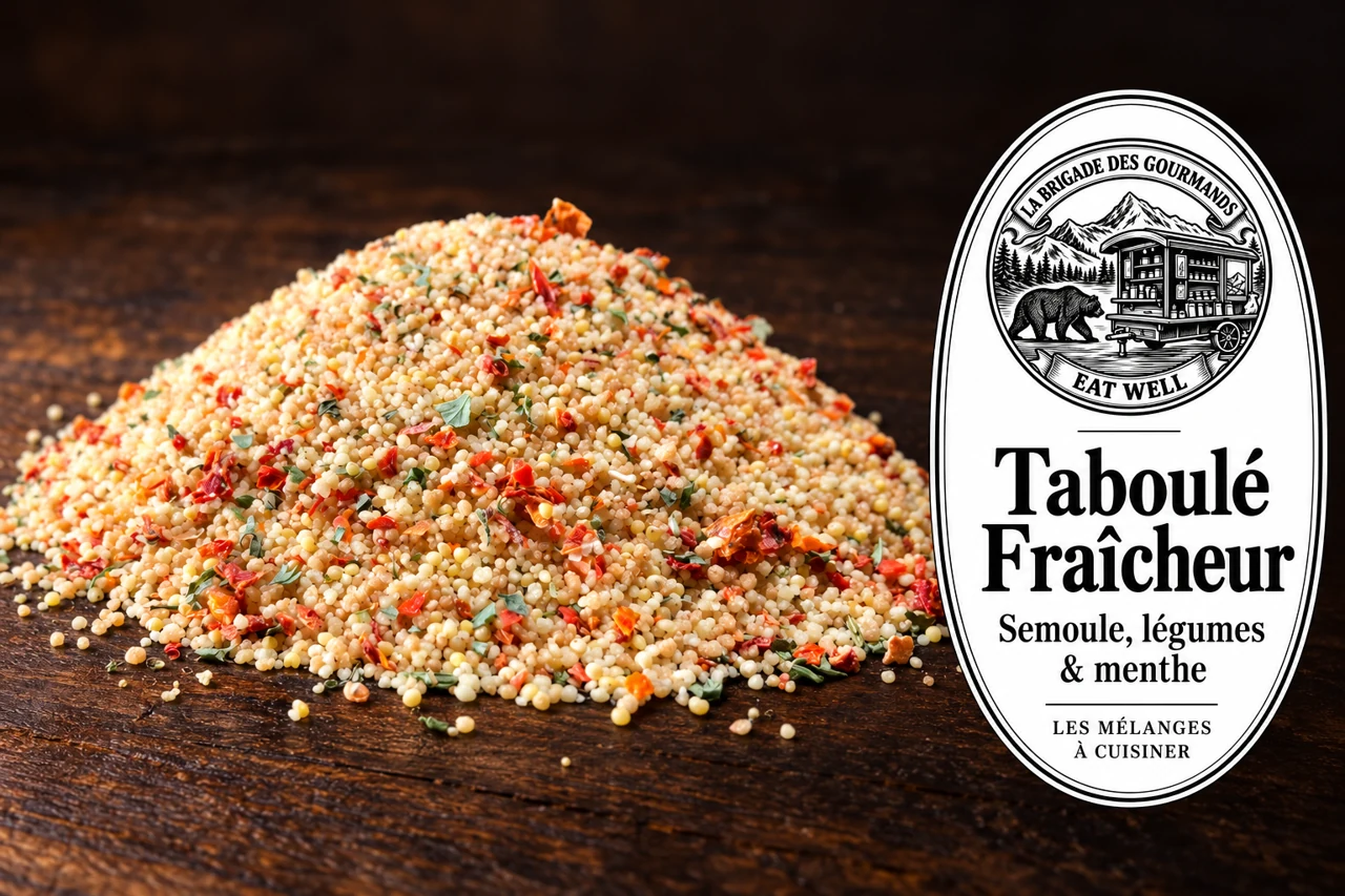 Taboulé Fraîcheur : semoule, légumes & menthe, mélange sec, vue 1 avec étiquette noire et blanche