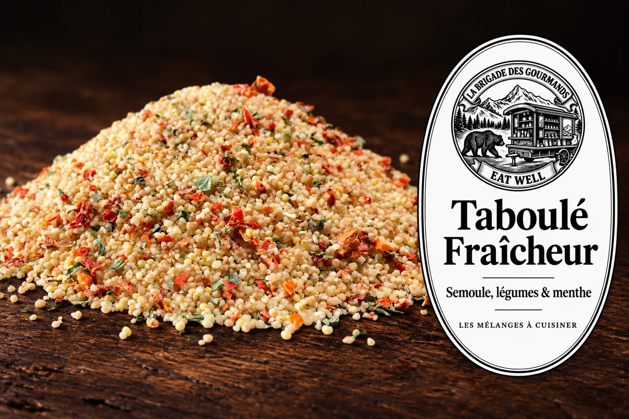 Taboulé Fraîcheur : semoule, légumes & menthe, mélange sec, vue 2 avec étiquette noire et blanche