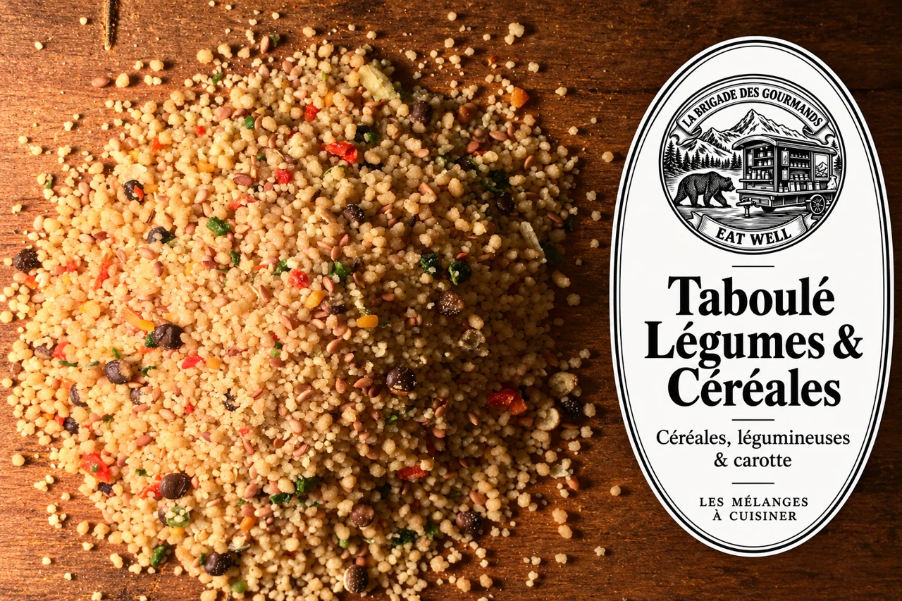Taboulé Légumes & Céréales : céréales, légumineuses & carotte, mélange sec, vue 2 avec étiquette noire et blanche