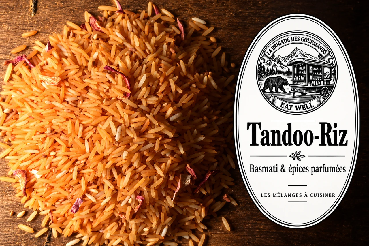 Tandoo-Riz : basmati & épices parfumées, mélange sec, vue 2 avec étiquette noire et blanche