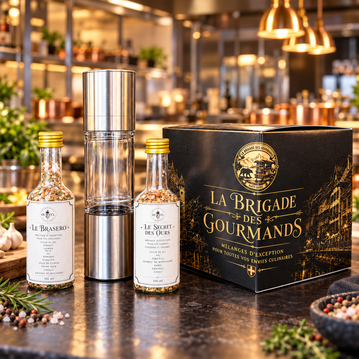 Coffret cadeau noir et or, moulin double et deux fioles dans une cuisine de restaurant
