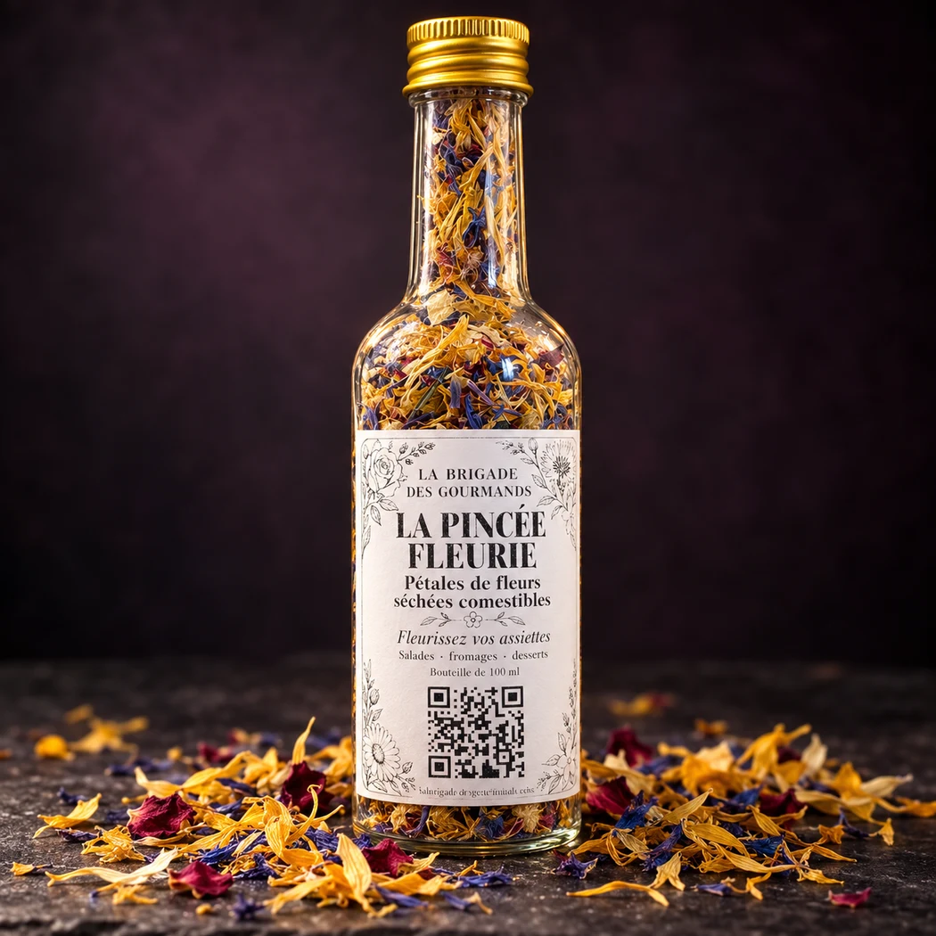 Fiole La Pincée Fleurie de 100 ml, pétales de fleurs comestibles séchées et baies roses