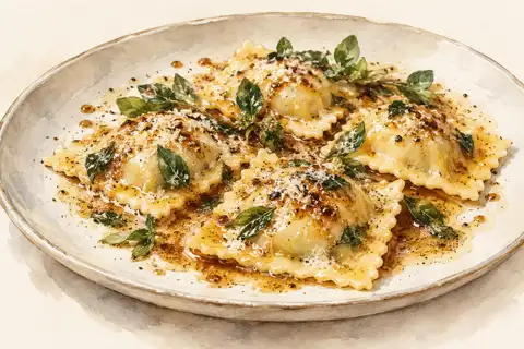 Dessin gastronomique : Ravioles de ricotta, beurre noisette et OURSYL