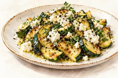 Dessin gastronomique : Courgettes poêlées, feta et Soul Pepper