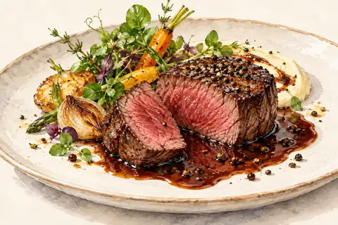 Dessin gastronomique : Filet de bœuf, jus réduit et Soul Pepper