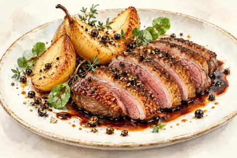 Dessin gastronomique : Magret de canard, poires rôties et Soul Pepper