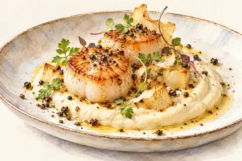 Dessin gastronomique : Saint-Jacques, purée de céleri et Soul Pepper