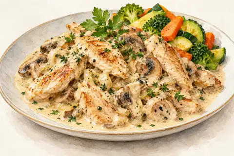 Dessin gastronomique : Poulet émincé à la crème et Mélange poulet