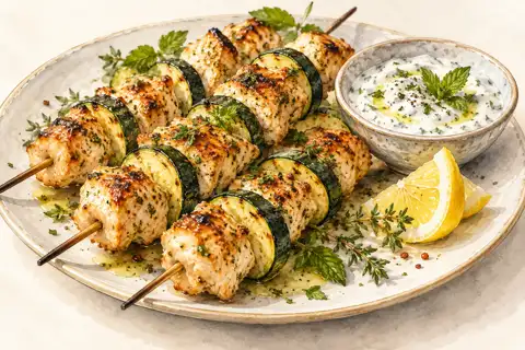 Dessin gastronomique : Brochettes de poulet, courgette et yaourt