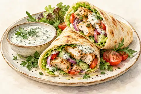 Dessin gastronomique : Wraps de poulet et sauce aux aromates