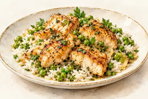 Dessin gastronomique : Poulet sauté, petits pois et riz