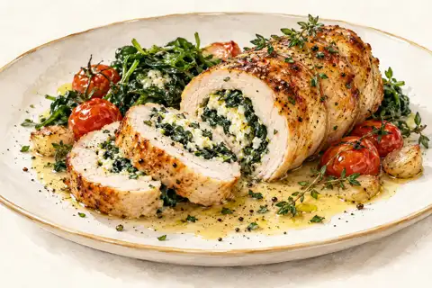 Dessin gastronomique : Ballotine de poulet, épinards et ricotta