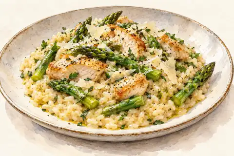 Dessin gastronomique : Risotto au poulet, asperges et parmesan