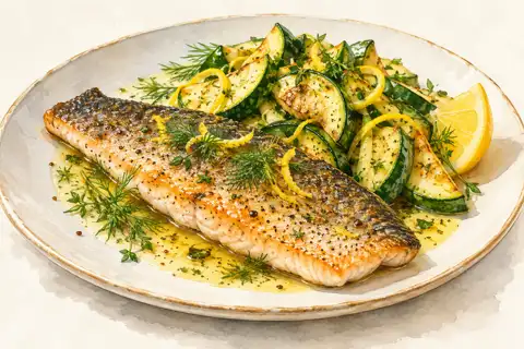 Dessin gastronomique : Truite poêlée et courgettes citronnées