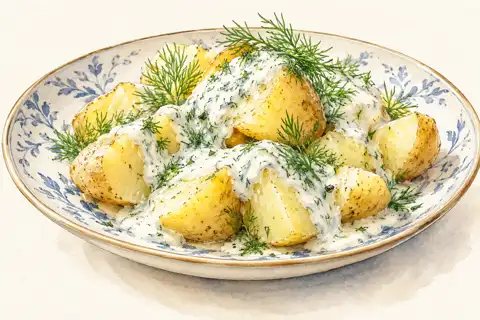 Dessin gastronomique : Pommes vapeur, sauce yaourt au Mélange poisson