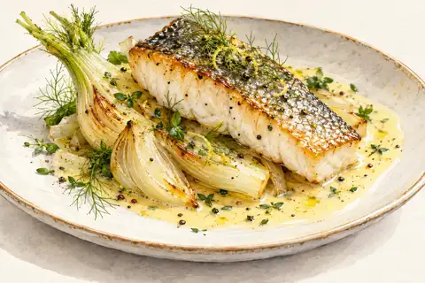 Dessin gastronomique : Bar rôti, fenouil et beurre blanc