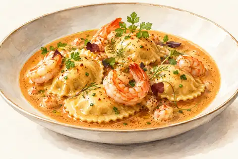 Dessin gastronomique : Ravioles de crevettes, bisque douce